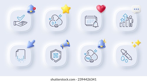 Recovery file, Notification and Sodium mineral line icons. Buttons with 3d bell, chat speech, cursor. Pack of Qr code, Employee results, Chemistry pipette icon. Vector