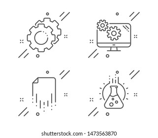 Recovery file, Settings and Settings gears line icons set. Chemistry lab sign. Backup document, Cogwheel tool, Technology process. Laboratory. Science set. Line recovery file outline icon. Vector