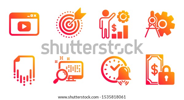 Recovery file, Target purpose and Cogwheel\
dividers line icons set. Employees wealth, Search and Video content\
signs. Alarm bell, Private payment symbols. Backup document,\
Business focus.\
Vector