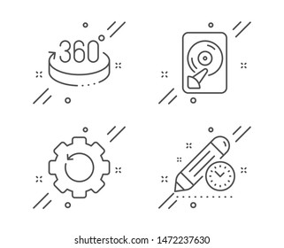 Recovery gear, Hdd and 360 degrees line icons set. Project deadline sign. Backup info, Memory disk, Full rotation. Time management. Science set. Line recovery gear outline icon. Vector