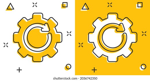 Recovery gear icon in comic style. Repeat cartoon vector illustration on white isolated background. Rotation splash effect business concept.
