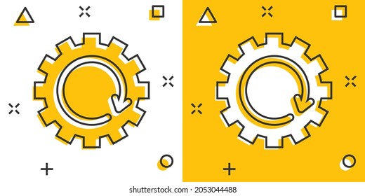 Recovery gear icon in comic style. Repeat cartoon vector illustration on white isolated background. Rotation splash effect business concept.
