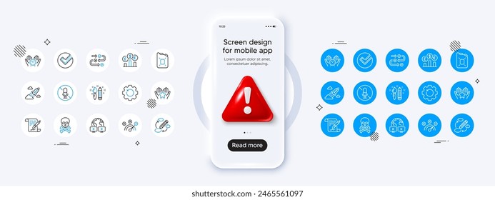 Recovery gear, No microphone and Ranking line icons. Phone mockup with 3d danger icon. Pack of Creativity, Video conference, Keywords icon. Vector