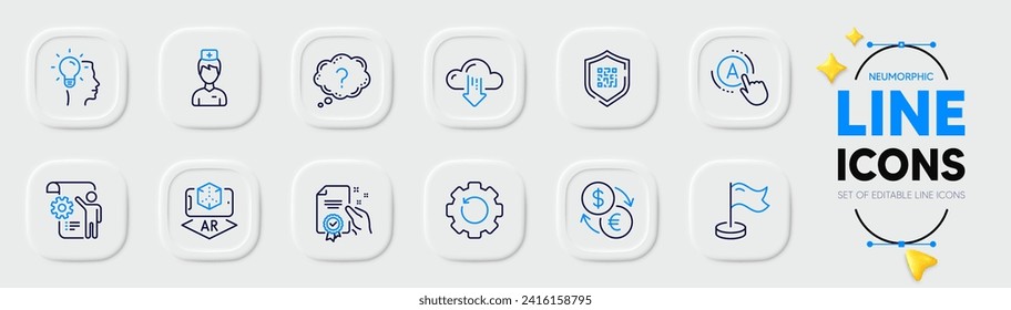 Recovery gear, Question mark and Certificate line icons for web app. Pack of Ab testing, Augmented reality, Settings blueprint pictogram icons. Doctor, Milestone, Qr code signs. Idea. Vector