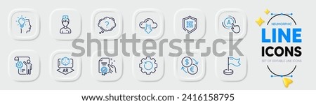 Recovery gear, Question mark and Certificate line icons for web app. Pack of Ab testing, Augmented reality, Settings blueprint pictogram icons. Doctor, Milestone, Qr code signs. Idea. Vector