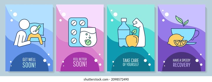 Recovery Greeting Card With Color Icon Element Set. Reassuring Words For Patient. Postcard Vector Design. Decorative Flyer With Creative Illustration. Notecard With Congratulatory Message