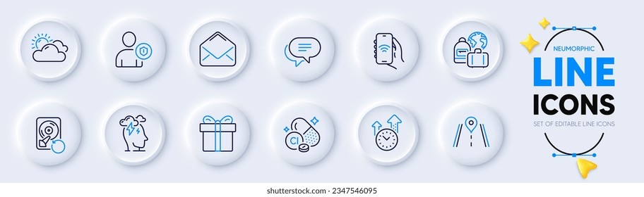 Recovery hdd, Internet app and Security line icons for web app. Pack of Sunny weather, Text message, Stress pictogram icons. Baggage, Chlorine mineral, Mail signs. Gift box, Road. Vector