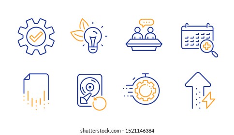 Recovery hdd, Seo timer and Eco energy line icons set. Recovery file, Service and Employees talk signs. Medical calendar, Energy growing symbols. Backup info, Cogwheel. Science set. Vector