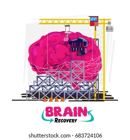 Recovery or healing your brain or  concept. Human brain with building crane in under construction area. alzheimers. logotype or typographic for header design - vector illustration