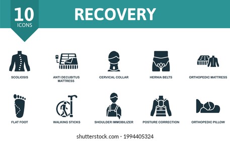 Recovery icon set. Contains editable icons trauma rehabilitation theme such as scoliosis, cervical collar, orthopedic mattress and more.