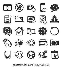 Recovery icons. Backup, Restore data and recover document. Laptop renew, repair and phone recovery icons. Drive fix, restore information and return data. Backup document. Flat icon set. Vector