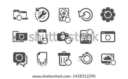 Recovery icons. Backup, Restore data and recover file. Laptop renew, drive repair and phone recovery icons. Classic set. Quality set. Vector