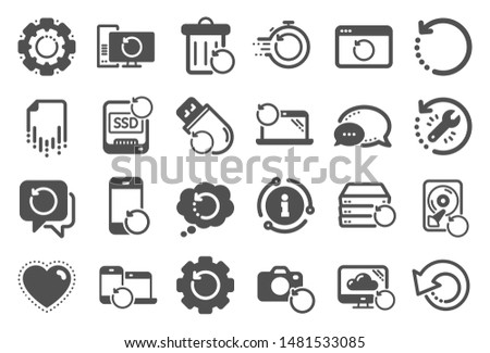 Recovery icons. Backup, Restore data and recover document. Laptop renew, repair and phone recovery icons. Drive fix, restore information and return data. Backup document. Quality set. Vector