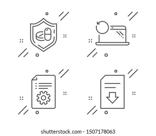 Recovery laptop, Medical tablet and Technical documentation line icons set. Download file sign. Backup data, Medicine pill, Manual. Load document. Business set. Vector