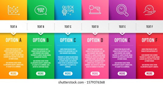 Equipo portátil de recuperación, consejos rápidos e iconos de línea de guía Quickstart definidos.Escala de tiempo de la infografía. Diseño de puntos, gestión de tiempo y señalización de tiempo seguro. Datos de copia de seguridad, trucos útiles, Gráfico de presentación. Vector