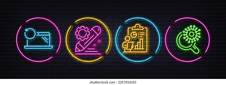 Recovery laptop, Report and Project edit minimal line icons. Neon laser 3d lights. Coronavirus research icons. For web, application, printing. Backup data, Survey clipboard, Settings. Vector