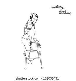 recovery, leg fracture, a sick person learns to walk on a walker