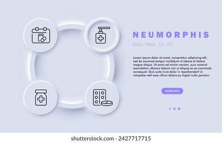 Recovery line icon. Healthcare, technology, innovation, healing, blister, tablets, calendar, liquid soap, plus. Neomorphism style. Vector line icon for business and advertising