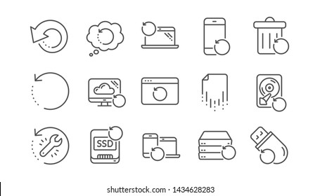 Recovery line icons. Backup, Restore data and recover file. Laptop renew, drive repair and phone recovery icons. Linear set. Vector