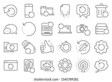 Recovery line icons. Backup, Restore data and recover document. Laptop renew, repair and phone recovery icons. Drive fix, restore information and return data. Backup document. Line signs set. Vector