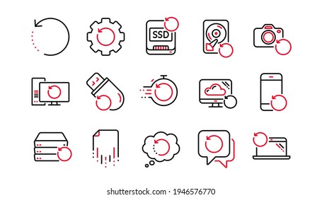 Recovery line icons. Backup, Restore data and recover file. Laptop renew, drive repair and phone recovery icons. Linear set. Linear set. Quality line set. Vector