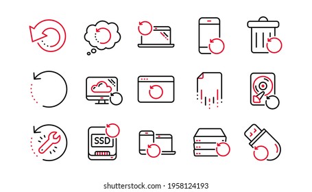 Recovery line icons. Backup, Restore data and recover file. Laptop renew, drive repair and phone recovery icons. Linear set. Linear set. Quality line set. Vector