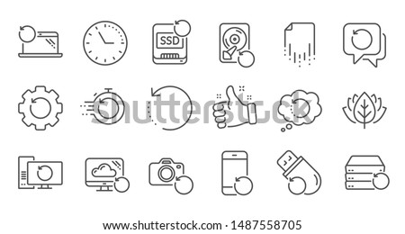 Recovery line icons. Backup, Restore data and recover file. Laptop renew, drive repair and phone recovery icons. Linear set. Quality line set. Vector