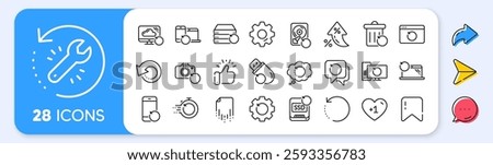 Recovery line icons. Interest rate, AI generate, Inflation icons. Backup, Restore data and recover document. Laptop renew, repair and phone recovery icons. Vector