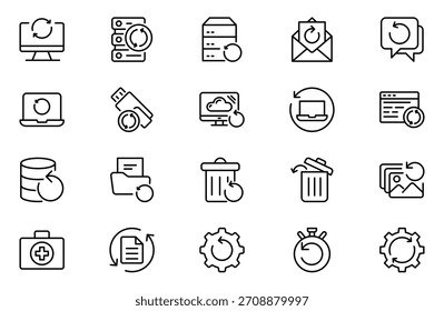 Wiederherstellungszeilensymbole festgelegt. Lineare Symbolsammlung. Bearbeitbarer Strich. Vektorgrafik