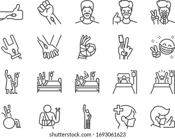 Recovery patients line icon set. Included icons as Positive thinking, sickness, illness, good mental and more.