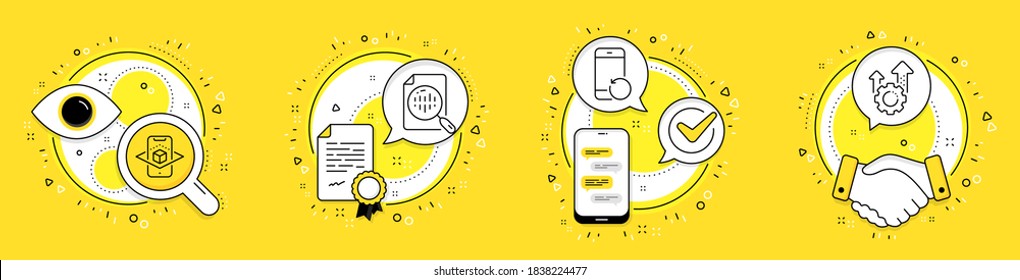 Teléfono de recuperación, realidad aumentada y iconos de línea de gráfico de Analytics establecidos. Iconos de licencias, teléfonos celulares y vectores de operaciones. Señal del engranaje de marchas. Respaldo de smartphone, simulación de teléfono, análisis de informes. CogWheel. Vector