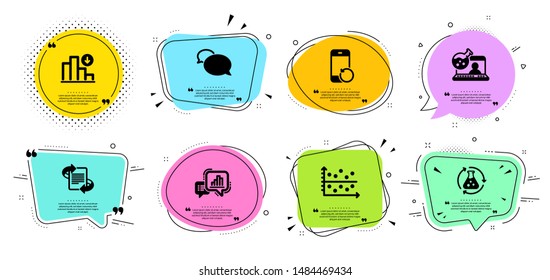 Recovery phone, Online chemistry and Chemistry experiment line icons set. Chat bubbles with quotes. Decreasing graph, Messenger and Dot plot signs. Marketing, Graph chart symbols. Vector