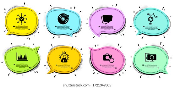 Fotografía de recuperación, burbuja de voz y signos informáticos de recuperación. Burlas de chat con citas. Registro de vinilo, comprobación de sondeo y conjunto de iconos de línea de fórmula química. Gráfico de líneas, Símbolos de laboratorio de química. Vector