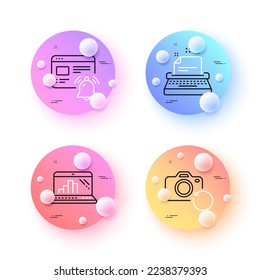 Recovery photo, Typewriter and Graph laptop minimal line icons. 3d spheres or balls buttons. Internet notification icons. For web, application, printing. Vector