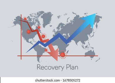 Recovery Plan from COVID-19 impact. Downward red arrow follow by upward blue arrow. Building back the economy business industries.