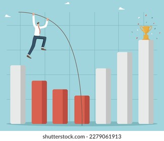 Recovery of profits after economic crisis or recession, business growth, overcoming financial difficulties, risk taking and determination on the way to success, a man pole vault over graph columns.