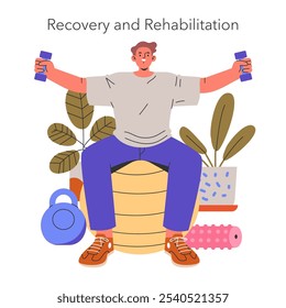 Concepto de recuperación y rehabilitación. Hombre haciendo ejercicios de fisioterapia con mancuernas en casa. Rutina de sanación de fuerza y bienestar. Ilustración vectorial.