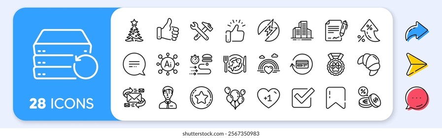 Recovery server, Christmas tree and Loyalty star line icons. Interest rate, AI generate, Inflation icons. Pack of Checkbox, Businessman person, E-mail icon. Vector