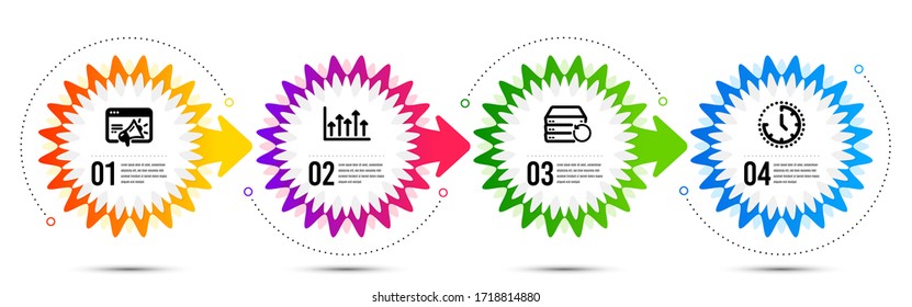 Recovery server, Growth chart and Time icons simple set. Timeline steps infographic. Seo marketing sign. Backup data, Upper arrows, Clock. Megaphone. Science set. Vector