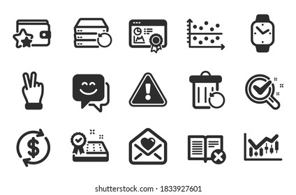 Recovery server, Love letter and Chemistry lab icons simple set. Reject book, Smile face and Loyalty program signs. Victory hand, Mattress guarantee and Dollar exchange symbols. Flat icons set. Vector