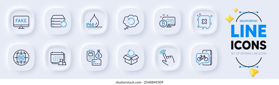 Recovery server, Waterproof and Bitcoin system line icons for web app. Pack of Cursor, Bike app, Payment pictogram icons. Reject, 5g internet, Recovery data signs. Delivery, Fake news. Vector