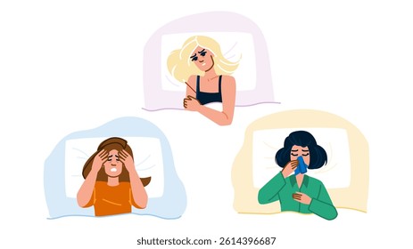 recovery sick woman bed vector. fever headache, weakness discomfort, medicine treatment recovery sick woman bed character. people flat cartoon illustration