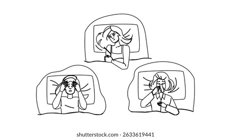 recovery sick woman bed vector. fever headache, weakness discomfort, medicine treatment recovery sick woman bed character. people black line pencil drawing illustration