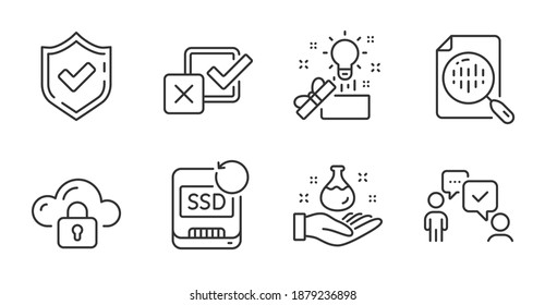 Recovery ssd, Chemistry lab and Creative idea line icons set. Analytics chart, Checkbox and Confirmed signs. Consulting business, Cloud protection symbols. Quality line icons. Vector