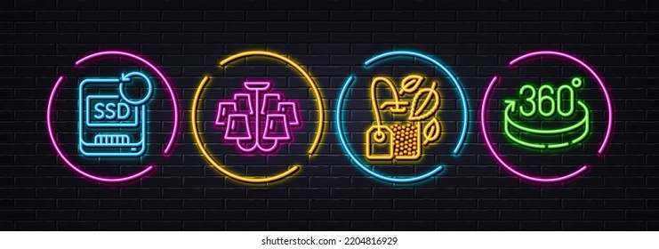 Recovery ssd, Mint bag and Chandelier minimal line icons. Neon laser 3d lights. 360 degrees icons. For web, application, printing. Backup info, Mentha tea, Ceiling light. Full rotation. Vector