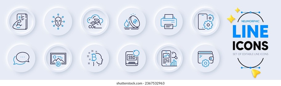 Recuperación ssd, Búsqueda de teléfonos e Iconos de línea de impresora para la aplicación web. El paquete de Bitcoin piensa, gas Co2, los íconos del pictograma del mensaje Dots. Servicio de teléfono, Fitness, carteles. Precio del combustible. Vector