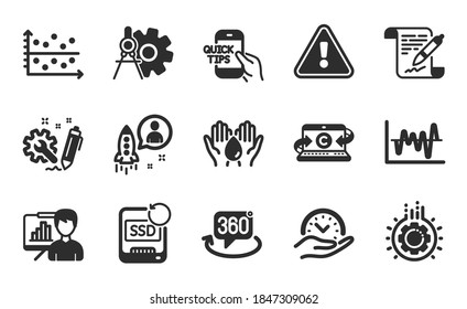 Recovery ssd, Startup and Agreement document icons simple set. Education, Safe time and Safe water signs. 360 degree, Stock analysis and Dot plot symbols. Flat icons set. Vector