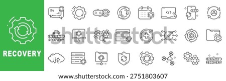 Recovery and system restore outline icon set featuring backup process, disaster recovery, cloud synchronization, software update, IT maintenance, troubleshooting and workflow optimization symbols in editable stroke line design
