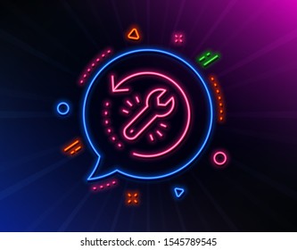 Recovery tool line icon. Neon laser lights. Backup data sign. Restore information symbol. Glow laser speech bubble. Neon lights chat bubble. Banner badge with recovery tool icon. Vector