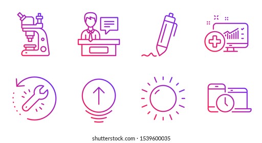 Recovery tool, Microscope and Swipe up line icons set. Medical analytics, Exhibitors and Sunny weather signs. Signature, Time management symbols. Backup info, Chemistry laboratory. Vector